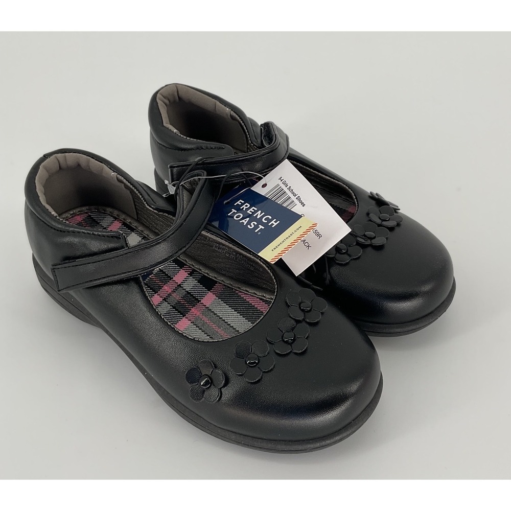 French Toast Girls Black Mary Jane School Shoes Flower Detail Size 13 NWT